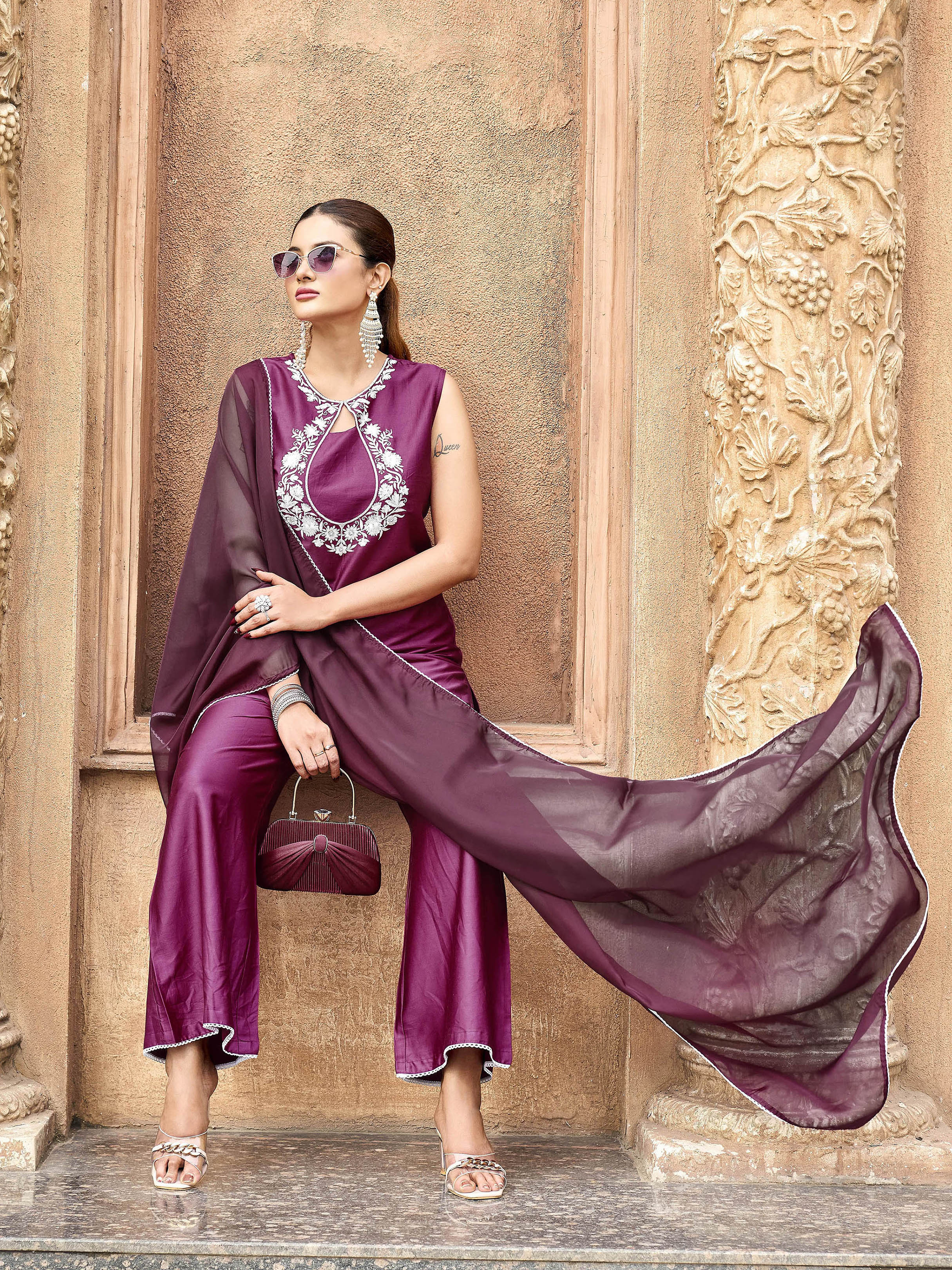 Burgundy color silk blend with white thread embroidered kurta & palazzo with dupatta set
